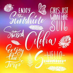 Handwritten lettering, summer holidays and vacation quotes set on abstract blurry sunrise, sundown sky texture