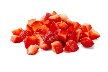 Heap of ripe chopped strawberries on white
