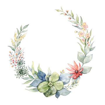 Hand drawn bright colorful watercolor flower wreath