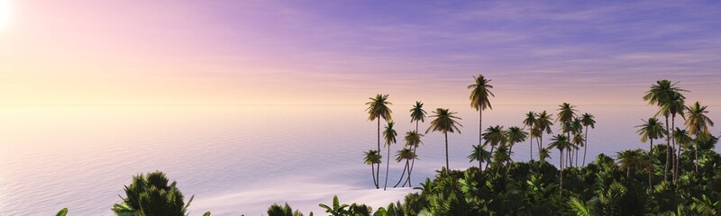 Fototapeta na wymiar beautiful sunset over tropical beach with palm trees, panorama of tropical sunrise, 3D rendering 