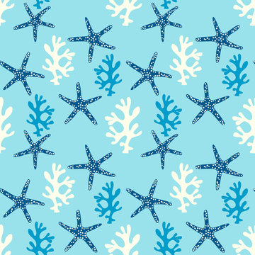 Seamless pattern with coral reef  and starfish. Underwater background.