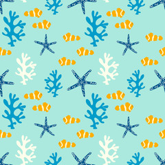 Seamless pattern with coral reef, anemone fish and starfish. Underwater background..