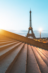 Eiffel Tower, Paris. View from Trocadero stairs (Place du Trocadéro). Paris, France - obrazy, fototapety, plakaty