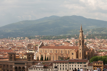 Fototapeta na wymiar Florence panoramic view and The Basilica di Santa Croce in the distance from The Campanile. Florence, Italy