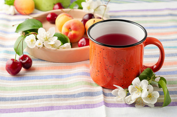 Summer still life with berry tea, ripe apricots, juicy cherries and apple blossoms