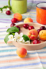 Summer still life with berry tea, ripe apricots, juicy cherries and apple blossoms