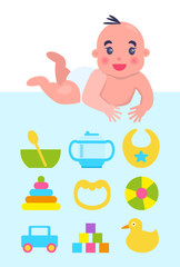 Lying on Floor Newborn with Toys and Dishware