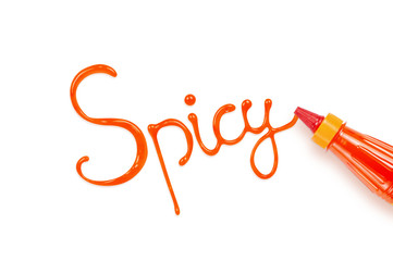 Food typography written by Sriracha hot chili sauce and bottle. Hand lettering