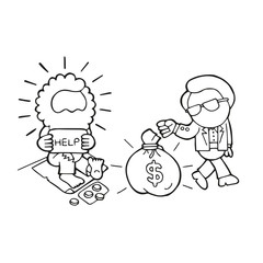 Vector hand-drawn cartoon of rich man giving money bag to homeless