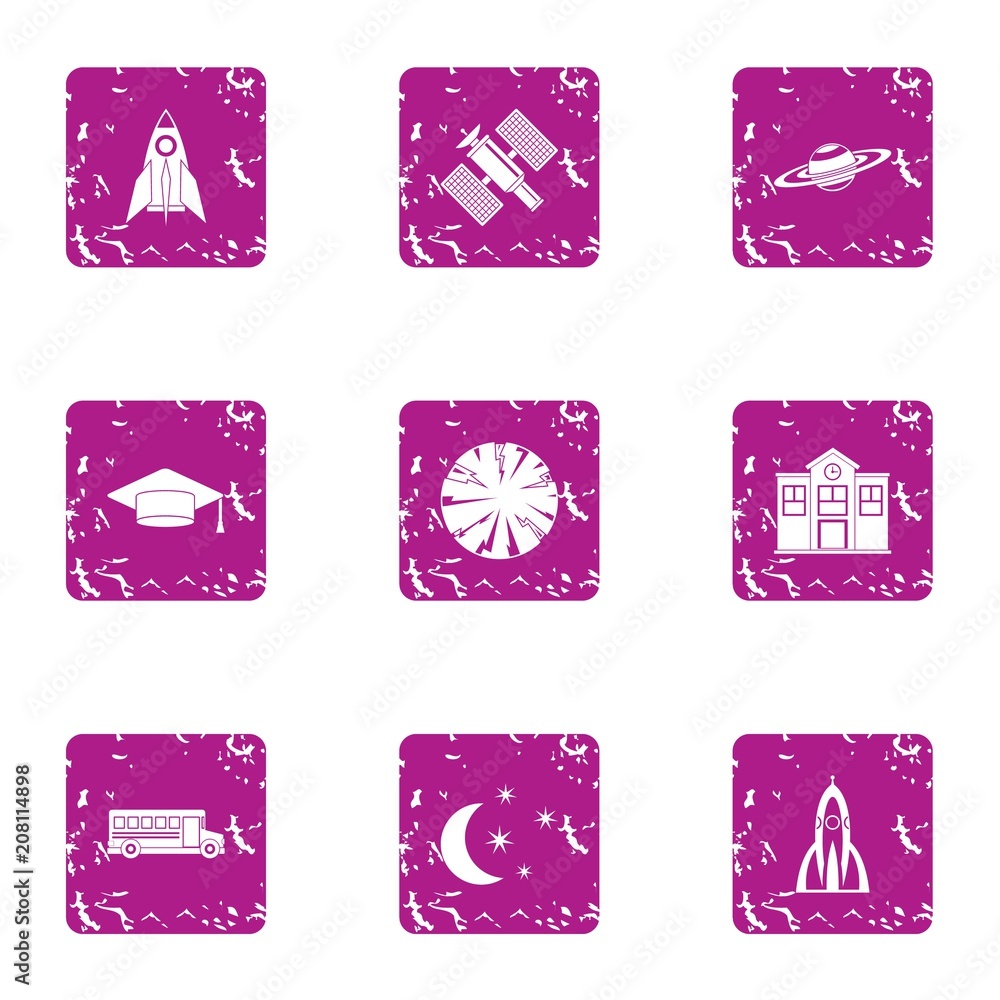Poster space knowledge icons set. grunge set of 9 space knowledge vector icons for web isolated on white ba
