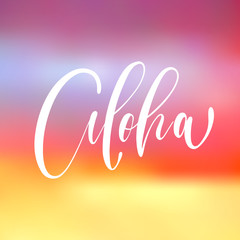 Aloha - handwritten lettering, summer holiday quote on abstract blur unfocused style sky backdrop