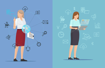 Tech Icons and Busy Women, Two Colorful Posters