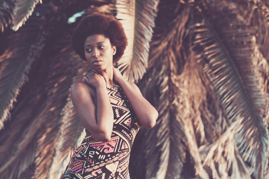 Beautiful African Black Skin Race Model Pose In Fashion Style With Coloured Dress With A Tropical Palm Natural Background. Outdoor Summer Beauty In Vacation Concept