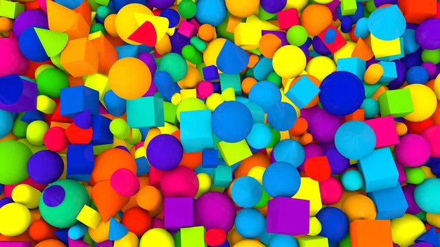 A retro 3d rendering of random shape and colored balls, squares, pills, lozenges, pyramids, cubes, falling down and jumping cheerfully and optimistically up.