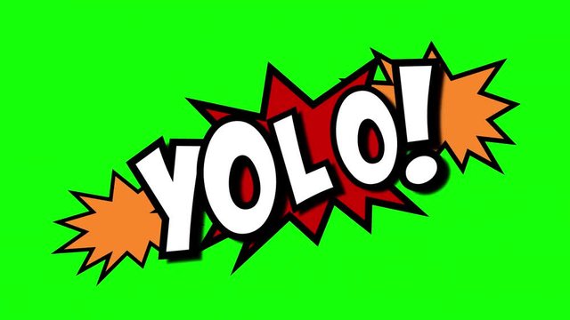 A comic strip speech cartoon animation with an explosion shape. Words: wtf?, yolo, eeek. White text, red and yellow spikes, green background.
