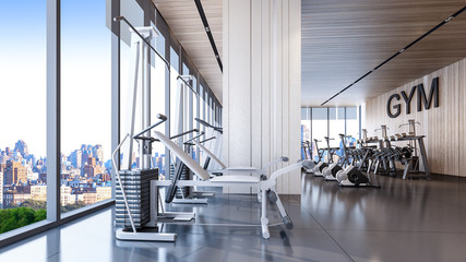 Modern gym interior with city view , 3d rendering