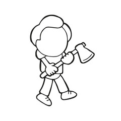 Vector hand-drawn cartoon of lumberjack man holding axe walking