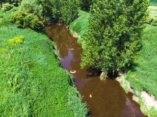 dirty brown river. pollution concept. green riverside