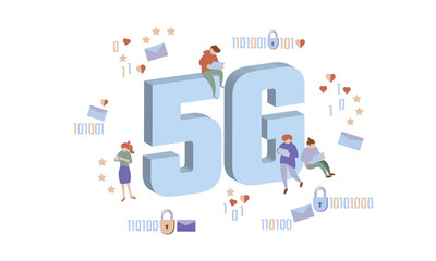 5G new wireless internet wifi connection. Small people large big symbol letters. Gadgets device isometric blue 3d flat. Global network high speed innovation data rate technology vector illustration