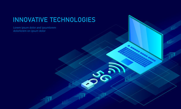 5G new wireless internet wifi connection. Laptop mobile device isometric blue 3d flat. Global network high speed innovation connection data rate technology vector illustration