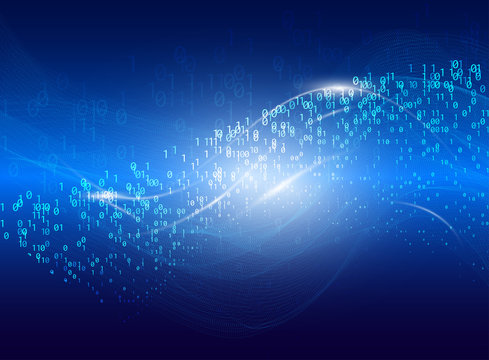 Abstract transforming virtual space. Futuristic vector illustration of binary code particles and neon glowing cyber wave. Big data structure. Internet or cyberspace technology concept. Neural network.