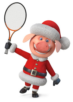 3d illustration merry Christmas pig play tennis