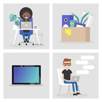 Modern office set. Collection of business images. Millennials at work. Characters and objects. Flat editable vector illustration, clip art