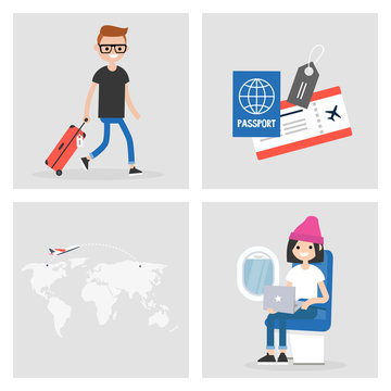 Set of travel images. Passengers at the airport and inside the aircraft. Flight. Boarding pass and passport. World map.  Flat editable vector illustration, clip art