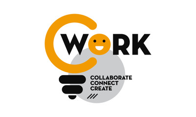 Cowork Logo Idea. Vector illustration of a bulb and laughing emoji. Co work concept
