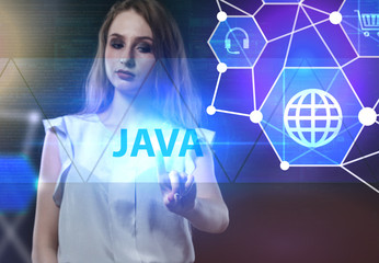 The concept of business, technology, the Internet and the network. A young entrepreneur working on a virtual screen of the future and sees the inscription: Java