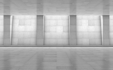 Abstract concrete showroom with columns. Modern geometric design. White floor and wall background. 3d rendering