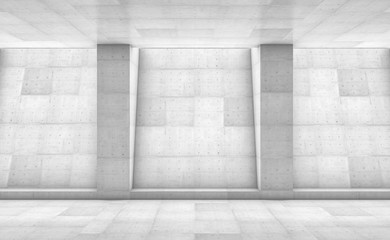 Abstract concrete showroom with columns. Modern geometric design. White floor and wall background. 3d rendering