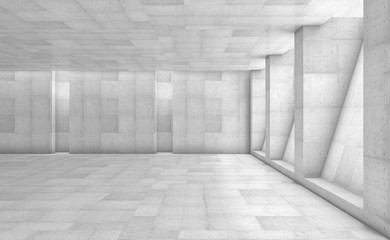 Abstract concrete showroom with columns. Modern geometric design. White floor and wall background. 3d rendering