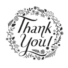 Thank you handwritten lettering vector illustration isolated on a white background with leaves and flowers. Circle wreath design for square greeting card frame. Elegant and simple calligraphy.