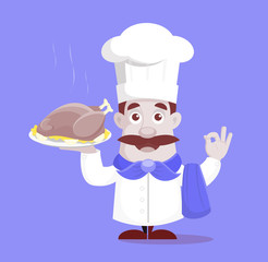 Flat Design Cook with Chicken Vector Illustration
