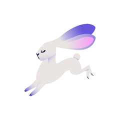 Cute white rabbit with blue pink ears. Funny hand drawn animal running cheerfully. Hare with long ears. Sweet easter symbol. Vector illustration isolated in cartoon style.