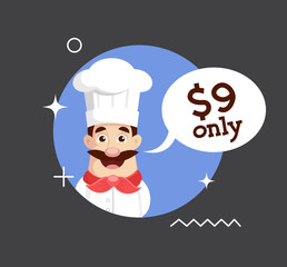 Flat Design Chef Smiling with Price Tag Vector Illustration