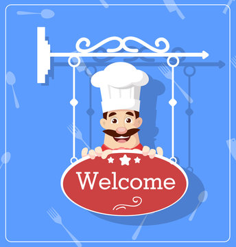 Flat Design Chef with Welcome Sign Board Vector Illustration