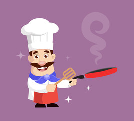 Chef cooking in Frying Pan Vector Illustration