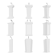 Creative vector illustration of podium tribune with microphones isolated on transparent background. Art design rostrum stands. Abstract concept graphic element for business presentation, conference