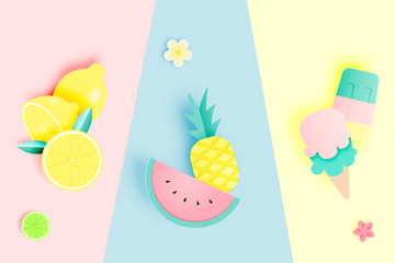 Tropical fruits and ice cream in paper art style and pastel color scheme