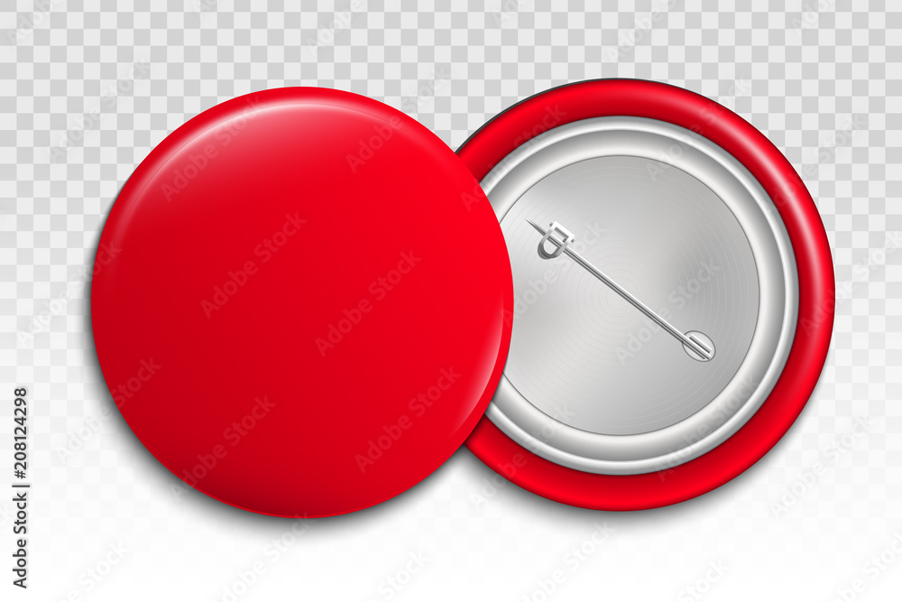 Poster Creative vector illustration of 3d pin button isolated on transparent background. Front and back side. Art design blank badge brooch mockup template. Abstract graphic element with place for your text