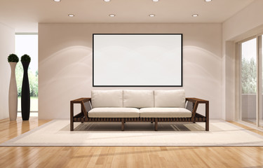 Modern bright interiors apartment with mockup poster frame 3D rendering illustration