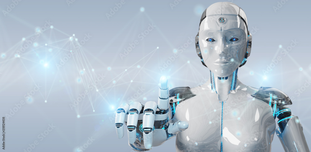 Aufkleber white woman robot using digital network connection 3d rendering