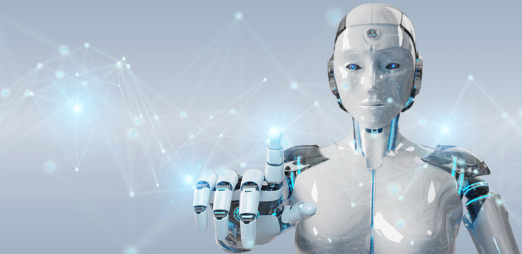 White woman robot using digital network connection 3D rendering
