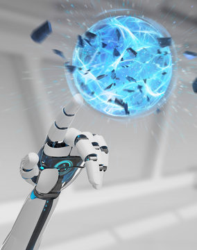 White robot hand creating energy ball 3D rendering