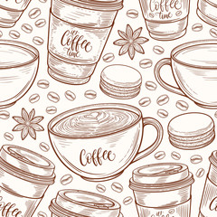 Hand drawn seamless pattern with coffee cups, beans, mugs, macaroons. Colorful background in vintage retro colors. Decorative doodle vector illustration