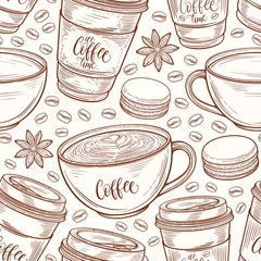 Behang Koffie Hand getekende naadloze patroon met koffie kopjes, bonen, mokken, bitterkoekjes. Kleurrijke achtergrond in vintage retro kleuren. Decoratieve doodle vectorillustratie