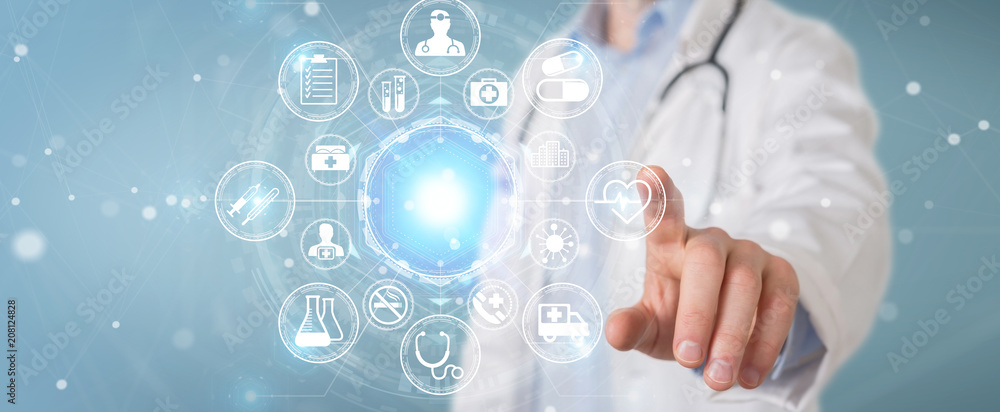 Poster doctor using digital medical futuristic interface 3d rendering
