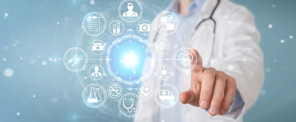 Poster Doctor using digital medical futuristic interface 3D rendering © sdecoret